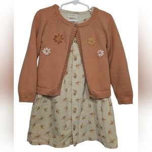 Rabbit + Bear Organic Cotton Floral Cardigan & Dress Bundle Girls 3T Orange Tan